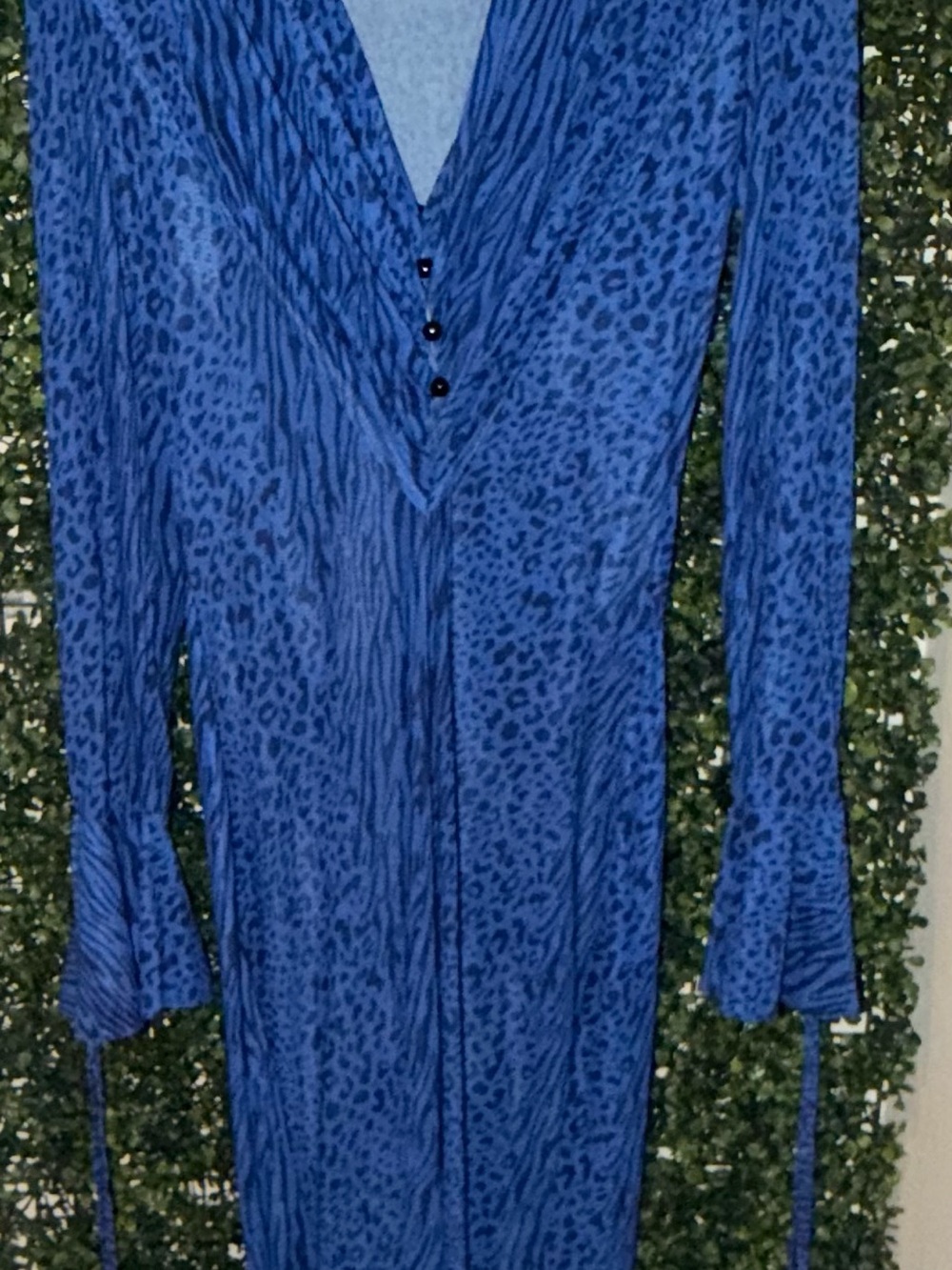 Blue Animal-Print Long Sleeve V-Neck Dress